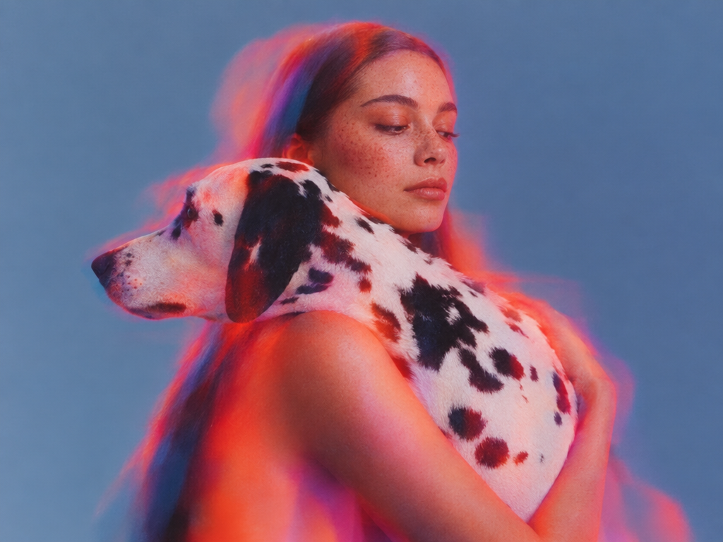A woman and her dog together in warm red and blue light