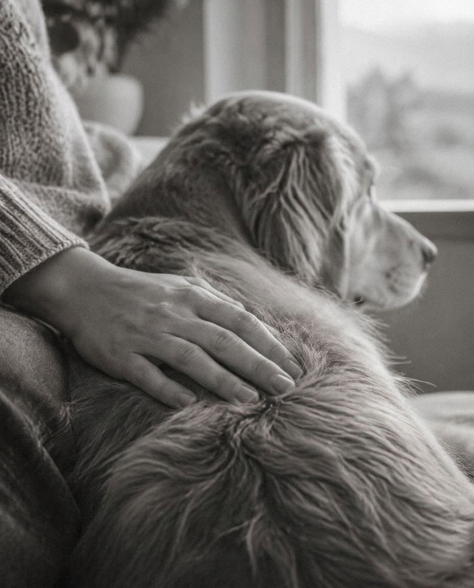 A hand resting on a dog's back, black and white photograph
