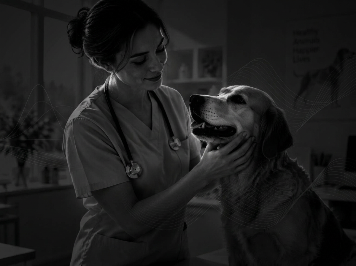A veterinarian gently examining a dog in a bright clinic, black and white photograph