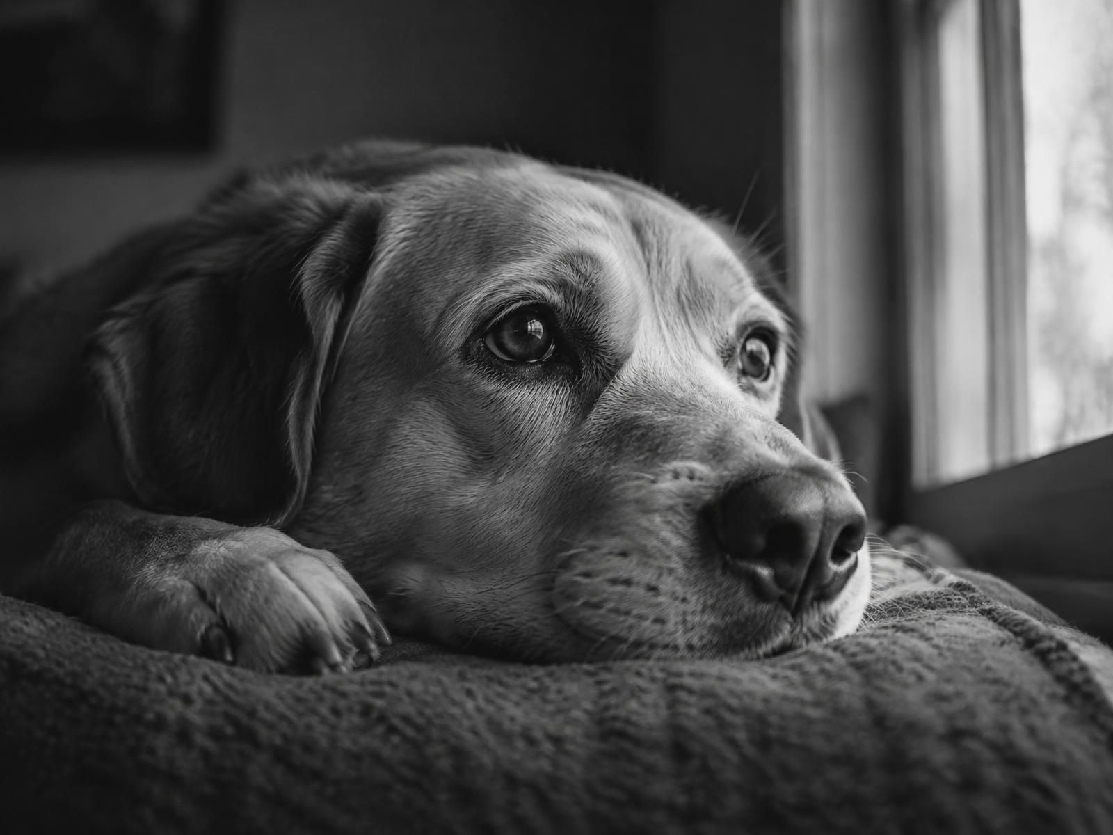 A dog resting its head, waiting