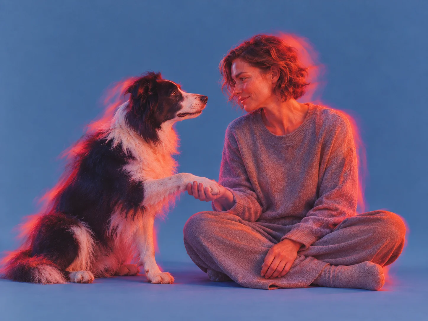 A border collie offering its paw to a woman in red and blue light
