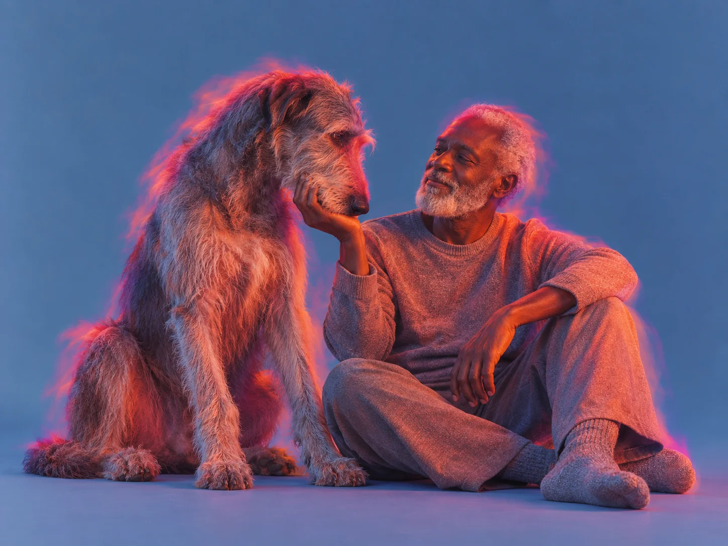 An Irish wolfhound sitting beside a man in red and blue light