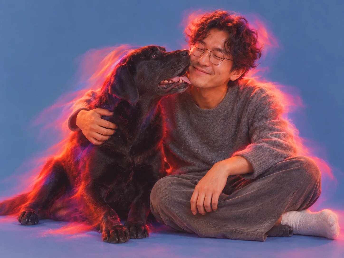 A black Labrador beside a smiling person in red and blue light